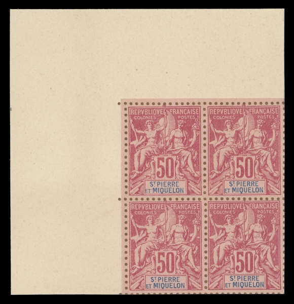 SPM - GENERAL ISSUES  60/78,The complete set of thirteen (1893 Issue) in matching top left corner blocks of four, printed in issued colours on "Bristol" card, imperforate with similitude perforations, ungummed as issued, prepared for the 1900 Paris Exposition. An appealing and rarely seen set of blocks, XF (Yvert 59-71 €4,000+; Maury 60-72 €6,000+; Tillard cat. €12,000 for set of corner blocks)