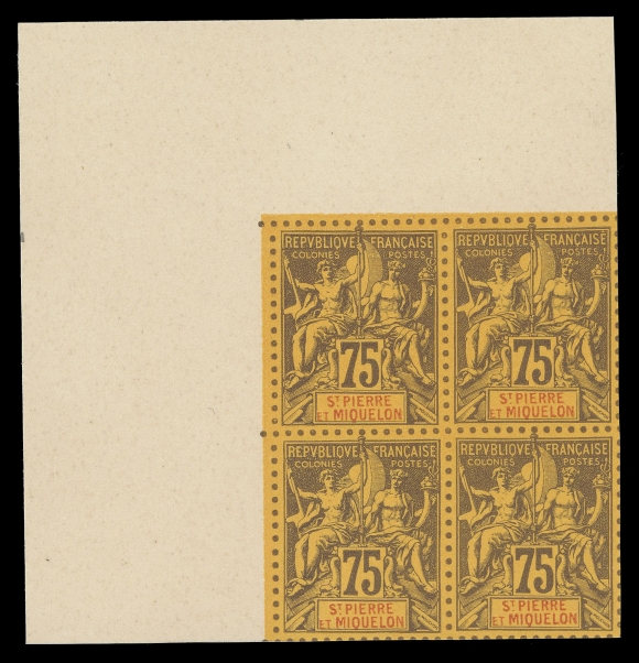 SPM - GENERAL ISSUES  60/78,The complete set of thirteen (1893 Issue) in matching top left corner blocks of four, printed in issued colours on "Bristol" card, imperforate with similitude perforations, ungummed as issued, prepared for the 1900 Paris Exposition. An appealing and rarely seen set of blocks, XF (Yvert 59-71 €4,000+; Maury 60-72 €6,000+; Tillard cat. €12,000 for set of corner blocks)