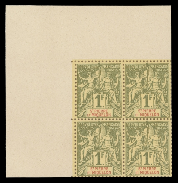 SPM - GENERAL ISSUES  60/78,The complete set of thirteen (1893 Issue) in matching top left corner blocks of four, printed in issued colours on "Bristol" card, imperforate with similitude perforations, ungummed as issued, prepared for the 1900 Paris Exposition. An appealing and rarely seen set of blocks, XF (Yvert 59-71 €4,000+; Maury 60-72 €6,000+; Tillard cat. €12,000 for set of corner blocks)