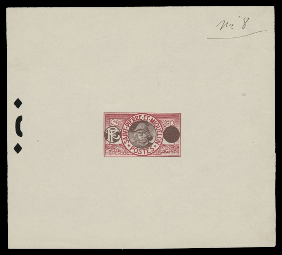 SPM - GENERAL ISSUES  79,Deluxe die proof typographed in dark carmine and red on wove paper, blank value tablet at right, control punch at right, manuscript "No. 8" at top right, very scarce, VF (Yvert 78; Maury 79 € 425)