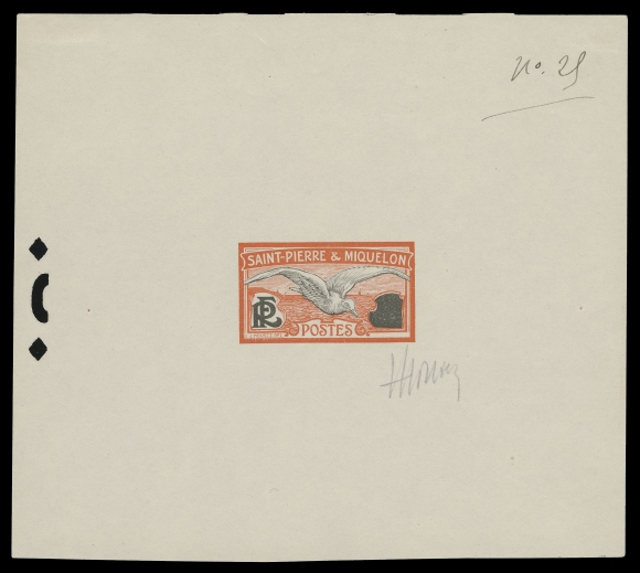 SPM - GENERAL ISSUES  90,Deluxe die proof typographed in orange and brown on wove paper - very similar colours were adopted on the issued 30c, blank value tablet and control punch at right, pencil signed by designer "Housez", very scarce, VF (Yvert 85; Maury 86 € 425)