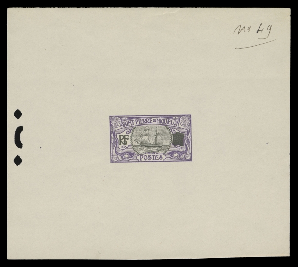 SPM - GENERAL ISSUES  107,Deluxe die proof typographed in violet and dark brown on wove paper - very similar colours adopted on the issued 2fr, blank value tablet and control punch at right with manuscript "No. 49", very scarce, VF (Yvert 92; Maury 93 € 425)