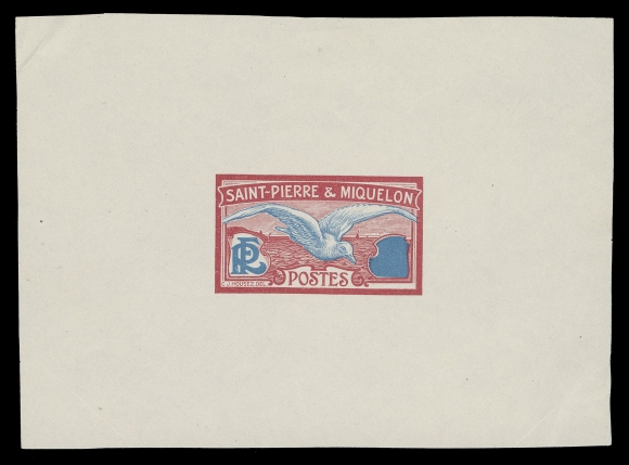 SPM - GENERAL ISSUES  79, 88, 104,An attractive lot of six typographed bicoloured proofs on wove paper, in different colours than the issued stamps, blank value tablet at right. A seldom seen group, VF (Scott 79, 88, 104; Yvert 78, 84, 91; Maury 79, 85, 92 € 1,170)