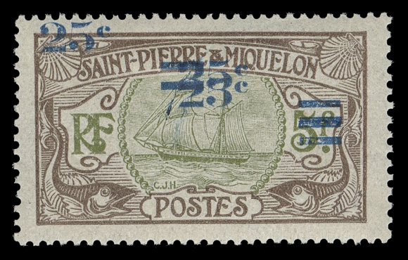 SPM - GENERAL ISSUES  123a,A fresh, well centered mint single with triple surcharge in blue, VF OG (Yvert 120a €275; Maury 116a €265)