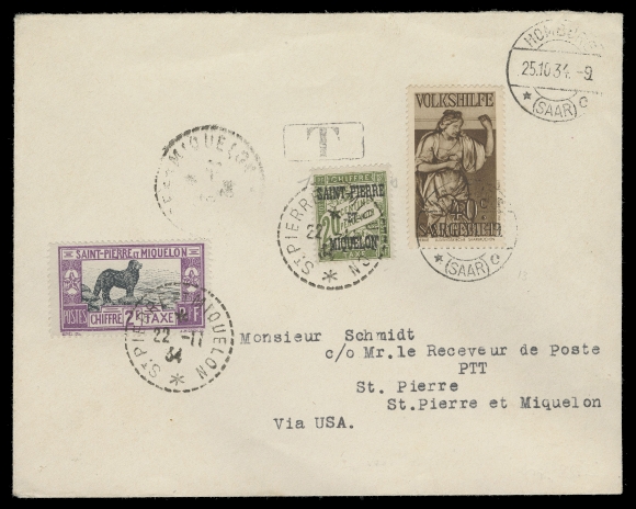 SPM - GENERAL ISSUES  1934 (October 25) Incoming cover from Saar bearing a 40c Volkshilfe tied by Homburg CDS, shortpaid to St. Pierre & Miquelon with SPM Postage Due 20c green and 2fr Newfoundland Dog tied on arrival 22 - 11 34 datestamps, VF (Scott J12, J30; Yvert Taxe 12, 30; Maury Taxe 12, 30)