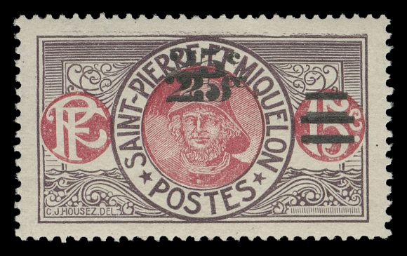 SPM - GENERAL ISSUES  121a, 121b,Well centered mint singles of the double and triple surcharge varieties, former with expert Aimé Brun backstamp, VF OG / LH (Yvert 118a, 118b € 550; Maury 114e, 114f € 675)