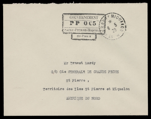 SPM - GENERAL ISSUES  1926 (May 6) Pristine cover with the very rare provisional handstamp PP 0 05 St.-Pierre - only used on May 6 for local letter rate, clear SPM 6 - 5 26 datestamp. A great cover for the specialist, XF (Unlisted "St-Pierre" type in Maury)