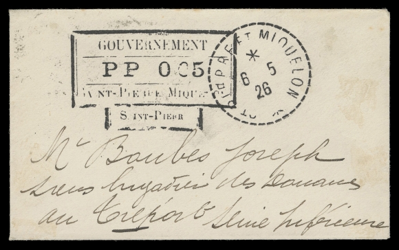SPM - GENERAL ISSUES  Two different types used for two days only: 1926 (May 6) Appealing small cover provisional handstamped PP 0 05 Saint-Pierre (unusual no second "E" in "PIERRE") for unsealed rate to France with Treport 1-7 receiver backstamp; 1926 (May 7) Clean and fresh cover provisional handstamped PP 0 05 Saint-Pierre clear struck with SPM 7 - 5 26 datestamp for local letter rate, VF-XF (Maury € 330+)
