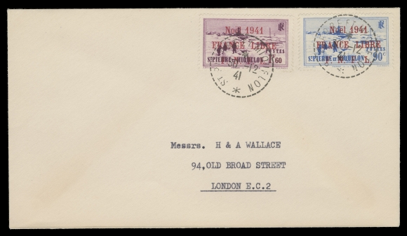 SPM - GENERAL ISSUES  1941 (December 30) FDC bearing 1fr60c and 90c Noël 1941 France Libre overprints in red tied by SPM first day cancels, addressed to London, England; both stamps shows constant plate variety - "Log on Ice" (between "PI" in "PIERRE"), attractive, VF (Unlisted variety - Scott 268, 272; Yvert 220, 224; Maury 228, 232)