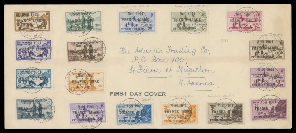 SPM - GENERAL ISSUES  1942 (January 2) Large envelope displaying seventeen different, lacking only the 1fr75c to complete the original set of 18, tied by SPM 2 - 1 42 First Day Cancels, addressed locally. A scarce FDC, VF (Scott 280/297; Yvert 212A/229A; Maury 220a/237a)