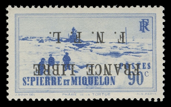 SPM - GENERAL ISSUES  238variety,Well centered and fresh mint single with inverted overprint error; light pencil notation on back, VF LH; 1952 PF cert. (Yvert 262a € 1,650; Maury 270a € 1,650)