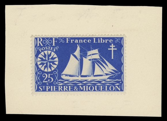 SPM - GENERAL ISSUES  302 essay,Unissued design with "RF" at top left instead of below emblem among other traits, in ultramarine instead of yellow green, partly affixed to card. Very rare with a mere four examples known, grossly under-rated, VF (Yvert 298a €400+; Maury 307A €1,300)