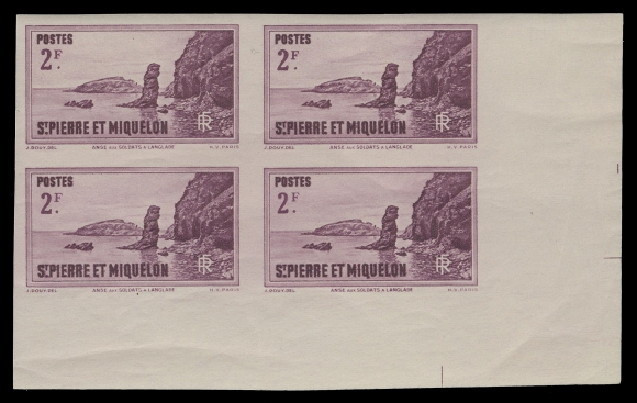 SPM - GENERAL ISSUES  198, 202-204,Four matching mint lower right imperforate blocks, bright fresh colours, full original gum, faint gum bends / wrinkles associated with the issue, lower pairs  are NH. Rarely seen in blocks, VF OG (Yvert 184a, 186a, 187a, 188a €2,600; Maury 192, 194, 195, 196 €1,040)