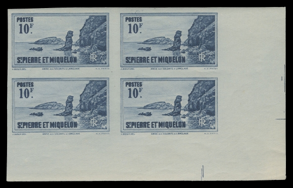 SPM - GENERAL ISSUES  198, 202-204,Four matching mint lower right imperforate blocks, bright fresh colours, full original gum, faint gum bends / wrinkles associated with the issue, lower pairs  are NH. Rarely seen in blocks, VF OG (Yvert 184a, 186a, 187a, 188a €2,600; Maury 192, 194, 195, 196 €1,040)
