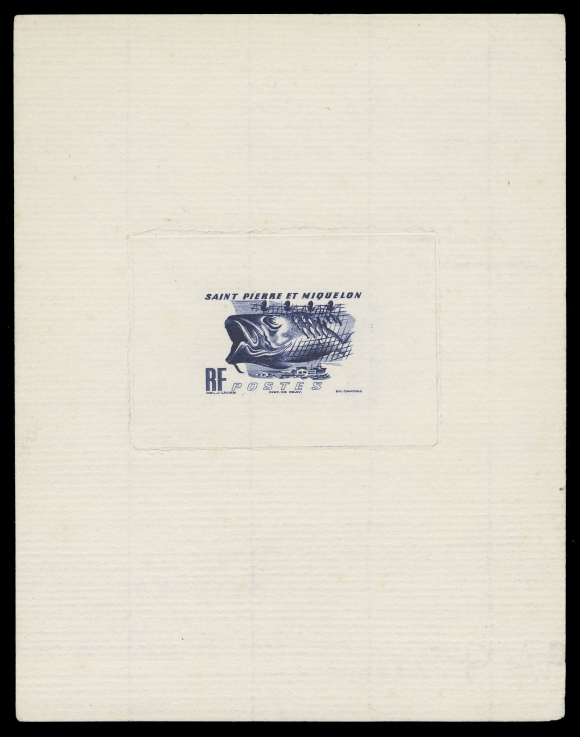 SPM - GENERAL ISSUES  324/342,Progressive Die Proofs - the complete set of six designs representing this definitive series, engraved, in blue violet and die sunk on thick "batonné" paper; also a First State of the die for "Weighing the Catch" and "Storm-swept Coast", both pencil signed by engraver. Faint trace of foxing, very scarce, VF (Yvert 325/343 proofs; Maury 334/352 proofs)