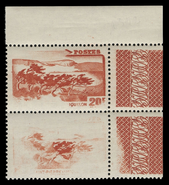 SPM - GENERAL ISSUES  341 variety,Top right corner mint vertical pair, portion of top stamp and most of lower stamp nearly devoid of printing to a most dramatic effect, VF NH; 2018 Sabban cert. (Yvert 342 variety; Maury 351a €250+)