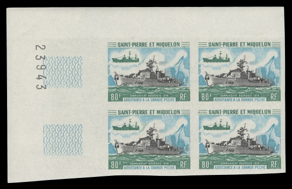 SPM - GENERAL ISSUES  408-411,Matching set of four mint top right corner imperforate blocks of four in issued colours, VF NH (Yvert 410-413; Maury 419-422 €1,500)