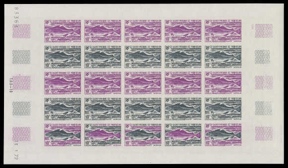 SPM - GENERAL ISSUES  419-422,The set of four in complete se-tenant trial colour plate proof sheets of 25, no doubt very scarce as such, VF NH (Yvert 421-424 proofs; Maury 430-433 proofs)