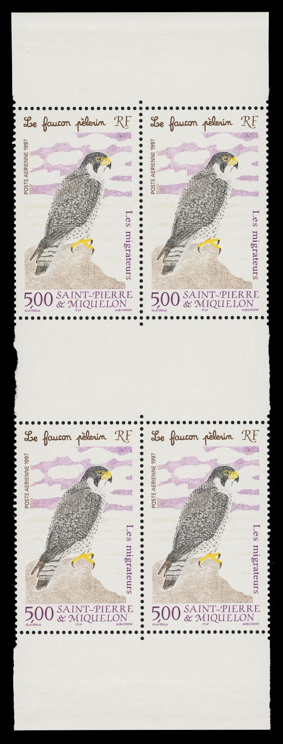 SPM - GENERAL ISSUES  C73 variety,An impressive mint block of four - the unissued stamp with missing bright yellow background colour and with noticeably lighter shading. The Recalled First Printing - rarely offered as a gutter block, VF NH; with normal for comparison (Yvert PA76 variety; Maury €3,500)