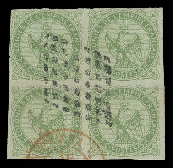 FRENCH COLONIES USED IN SPM  A1, A2,Used blocks of four with distinctive St. Pierre & Miquelon mute lozenge of 49 dots cancel, 1c choice with three guarantee backstamps, 5c with pressed crease, clear to large margins. A rare duo of early multiples, F-VF (Yvert 1, 2; Maury 1, 2 unpriced)