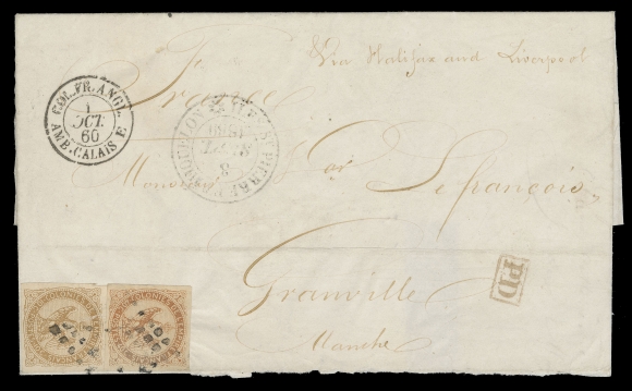 FRENCH COLONIES USED IN SPM  1860 (September 3) Clean folded lettersheet endorsed "Via Halifax and Liverpool", bearing a four margined Eagle & Crown 10c bistre (tear) and 40c orange tied at lower left by SPM mute lozenge of 49 dots, light but clear double ring dispatch, neat 1 OCT 60 transit CDS, portion of backflap missing, Paris transit backstamp. A rare and beautiful cover, VF (Scott A3, A5; Yvert 3, 5 €7,500; Maury 3, 5 €10,000)