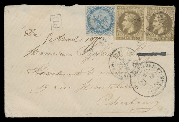 FRENCH COLONIES USED IN SPM  1875 (March 2) Small envelope from St. Pierre & Miquelon to Cherbourg, France, bearing Eagle & Crown 20c blue, touching frame at top, slightly overlapped by pair of Napoleon 30c brown on yellowish, flaw at right due to placement, all tied by light SPM in lozenge of dots, dispatch datestamp with Calais 1 Avril 75 transit; small part of backflap missing well away from nice, clear strikes of Paris transit and Cherbourg 4 Avril receiver, Fine (Scott A4, A13 US$8,000; Yvert 4, 9 € 3,500; Maury 4, 11 €6,500)