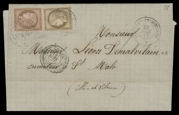 FRENCH COLONIES USED IN SPM  1877 (June 30) Folded lettersheet  to St. Malo, France, bearing French Colonies Ceres (Large Numerals) 10c bistre on rose and 30c brown on yellowish, latter lightly creased from light file fold, both slightly into frame at upper left, tied by St. Pierre et Miquelon 30 JUIN 77 postmarks, third clear strike at right; Paris 17 JUIL and same-day St. Malo receiver backstamps, scarce especially with stamps tied by CDS, F-VF (Scott A20a, A22a; Yvert 18, 20 € 1,400; Maury 18, 22 € 1,100)