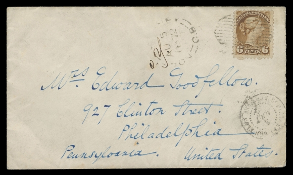 CANADA  1872 (August 3) Clean cover mailed at St. Pierre & Miquelon to Philadelphia, mostly clear SPM datestamp at right, manuscript "0.25" (25 centimes) indicating the prepaid St. Pierre post office charges. Franked with a 6c yellow brown (First Ottawa printing), light crease, at North Sydney, Cape Breton and tied by oval grid alongside North Sydney AU 5 1872 double arc dispatch, partial "H" (Halifax) transit backstamp; pays the 6c letter rate to the US. A rare and particularly choice cover mailed from St. Pierre & Miquelon bearing a Canadian Small Queen, VF (Unitrade 39 early printing) Provenance: C.M. Jephcott (private sale)Bill Simpson, Part Two, Maresch Sale 307, May 1996; Lot 356James R. Taylor St. Pierre & Miquelon collectionLiterature: Illustrated in BNA Topics, Whole 218, December 1963, page 321.Discussed and illustrated in London Philatelist September 2020 "Foreign Destinations of Pre-UPU Mail from St. Pierre and Miquelon: The US of Nova Scotia and Canada stamps" on page 325-326 (Figure 4)The Canada 6¢ Small Queen pays the 6¢ treaty rate to the United States effective from April 1st 1868.