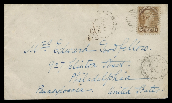 CANADA  1872 (August 3) Clean cover mailed at St. Pierre & Miquelon to Philadelphia, mostly clear SPM datestamp at right, manuscript "0.25" (25 centimes) indicating the prepaid St. Pierre post office charges. Franked with a 6c yellow brown (First Ottawa printing), light crease, at North Sydney, Cape Breton and tied by oval grid alongside North Sydney AU 5 1872 double arc dispatch, partial "H" (Halifax) transit backstamp; pays the 6c letter rate to the US. A rare and particularly choice cover mailed from St. Pierre & Miquelon bearing a Canadian Small Queen, VF (Unitrade 39 early printing)
 
Provenance: C.M. Jephcott (private sale)
Bill Simpson, Part Two, Maresch Sale 307, May 1996; Lot 356
James R. Taylor St. Pierre & Miquelon collection

Literature: Illustrated in BNA Topics, Whole 218, December 1963, page 321.
Discussed and illustrated in London Philatelist September 2020 "Foreign Destinations of Pre-UPU Mail from St. Pierre and Miquelon: The US of Nova Scotia and Canada stamps" on page 325-326 (Figure 4)


The Canada 6¢ Small Queen pays the 6¢ treaty rate to the United States effective from April 1st 1868.