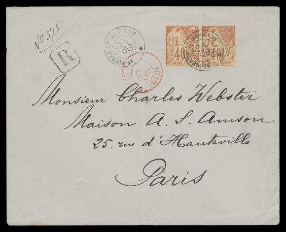 FRENCH COLONIES USED IN SPM  1891 (December 27) Registered cover to Paris bearing pair of 40c vermilion on straw nicely struck by St. Pierre et Miquelon 27 DEC 91 datestamp in black, second strike at left, with receiver in red; light central cover fold. A beautiful cover, VF (Scott A57, Yvert 57, Maury 57)