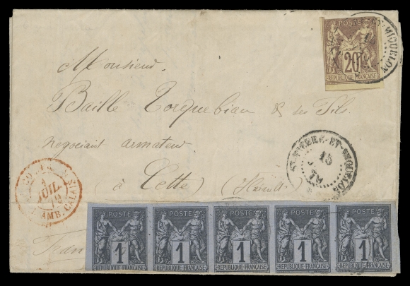 FRENCH COLONIES USED IN SPM  1879 (June 15) Folded lettersheet mailed to Cette, France bearing a most unusual franking of French Colonies Peace & Commerce 20c red brown on straw with a horizontal strip of five 1c black on lilac blue, both partly into design, light postmark St. Pierre et Miquelon 15 JUIN 79 CDS, Calais red transit at left, Cette 2 JUIL 79 receiver backstamp. According to J. Taylor, this is the sole reported use of a French Colonies 1c Peace & Commerce on cover from SPM, Fine (Scott A34, A38; Yvert 34, 37; Maury 30, 37)