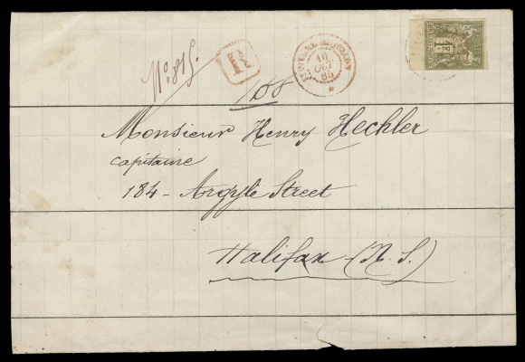 FRENCH COLONIES USED IN SPM  1885 (October 10) Large envelope with three intact red wax seals on reverse, mailed registered to Halifax, Nova Scotia, bearing French Colonies Peace & Commerce 1fr bronze green on straw imperforate with sheet margin at foot tied by light "St. Pierre Miquelon 10 OCT 85" CDS in red, second strike at left with same-ink boxed "R" registry handstamp, small cover tear at foot and portion of backflap missing. A rare single-franking of this high denomination, VF (Scott A29; Yvert 29 € 2,000; Maury 36)