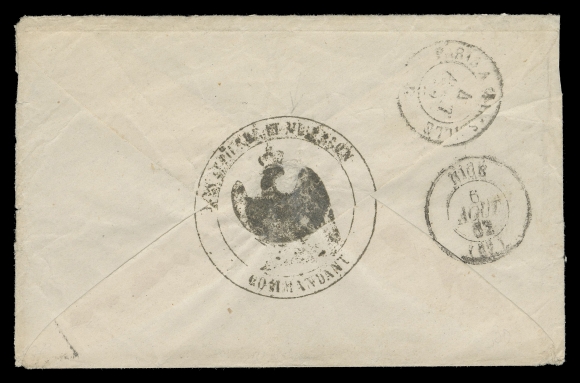 SPM - STAMPLESS COVERS  1862 (July 16) Small envelope to Nice, France, light Iles St. Pierre et Miquelon 16 JUIL 1862 double ring dispatch, via closed mail bag on British Packet to England, Calais 4 AOUT 62 entry CDS in black, rated "6" décimes to collect from recipient; on reverse figurative Eagle & Crown administrative Commandant / St. Pierre et Miquelon double ring cachet nicely struck along with Nice 6 AOUT arrival CDS; opening tear at side, an attractive official mail usage, F-VF