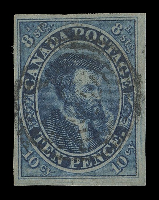 CANADA -  2 PENCE  7,A remarkably choice example surrounded by large margins, in flawless condition and devoid of the usual flaws often found on this particularly difficult first printing of the ten penny Cartier, with excellent colour on fresh paper and ideal central light concentric rings cancel, XF; 2018 PSE cert.