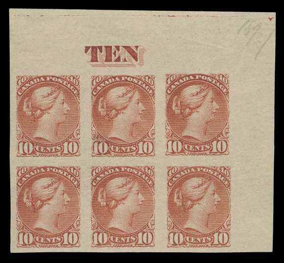 CANADA -  5 SMALL QUEEN  45c,A mint imperforate corner margin block of six with "TEN" counter at top with clear, distinctive shading in the lettering, full original gum, thin spot top centre stamp, hinge on top right pair leaving the other two pairs with pristine original gum, NEVER HINGED. An appealing and visually striking multiple, VF (Unitrade cat. $4,500 as three pairs)
