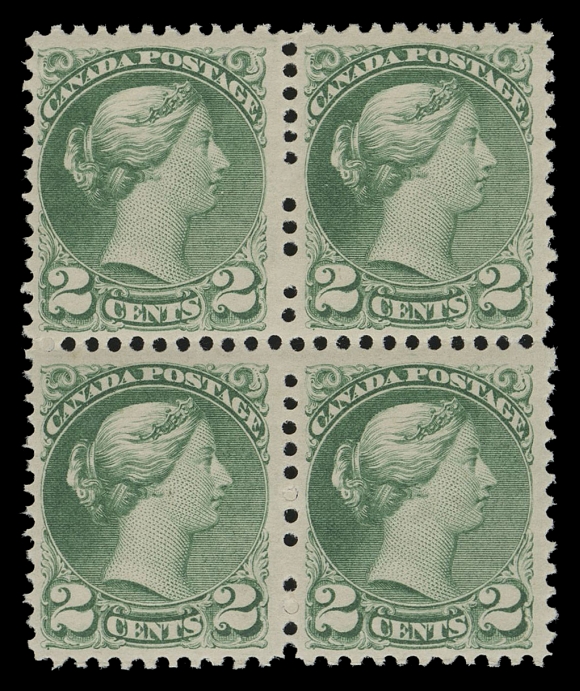 CANADA -  5 SMALL QUEEN  36e,An exceptionally choice mint block of this scarce perforation gauge, superb colour on fresh white wove paper, well centered and showing full white, streaky original gum, characteristics of this printing and NEVER HINGED. A rarely seen multiple with such superior attributes. One would have to search far and wide to find another block remotely similar to the one offered here, VF NH