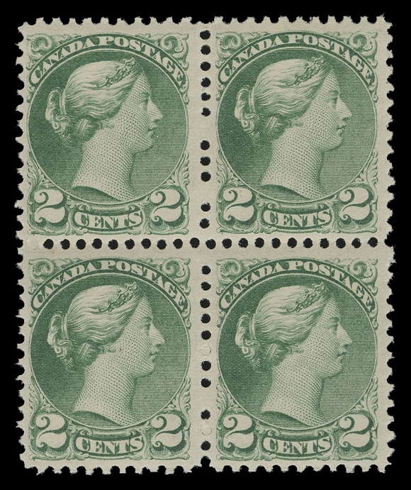 CANADA -  5 SMALL QUEEN  36e,An exceptionally choice mint block of this scarce perforation gauge, superb colour on fresh white wove paper, well centered and showing full white, streaky original gum, characteristics of this printing and NEVER HINGED. A rarely seen multiple with such superior attributes. One would have to search far and wide to find another block remotely similar to the one offered here, VF NH
