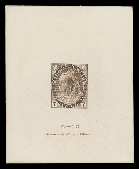 CANADA -  6 1897-1902 VICTORIAN ISSUES  81,Large Trial Colour Die Proof printed in brown (similar to the issued Six cent) on india paper 62 x 75mm sunk on card; ABNC archival marks on reverse only, die number "O-10" and American Bank Note Co. Ottawa imprint below design. A striking and very rare coloured proof, unlisted in the exhaustive Minuse & Pratt handbook, VF