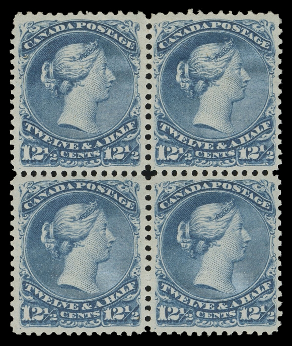 CANADA -  4 LARGE QUEEN  28,A spectacular mint block of four, unusually fresh and well centered with bright vivid colour, possessing full white original gum; light diagonal bend on top pair, lower pair NEVER HINGED. A very scarce mint block with such superior centering and in a remarkable state of preservation, VF (Unitrade cat. $16,800 as singles)Expertization: 2007 Greene Foundation certificateProvenance: Henry Hussey, Sissons Sale 329, November 1973; Lot  271Michael Roberts, Eastern Auctions, December 2006; Lot 296