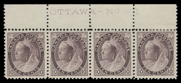 CANADA -  6 1897-1902 VICTORIAN ISSUES  83i,An impressive mint plate strip showing complete "OTTAWA - No - 1" imprint, printed in a distinctive deeper shade, very well centered for this particularly difficult stamp; selvedge slightly trimmed and a few reinforced perfs, centre pair with full immaculate original gum, NEVER HINGED. Without a doubt, among the nicest of the very few existing plate multiples, VF (Unitrade cat. $6,000 as singles)