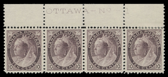 CANADA -  6 1897-1902 VICTORIAN ISSUES  83i,An impressive mint plate strip showing complete "OTTAWA - No - 1" imprint, printed in a distinctive deeper shade, very well centered for this particularly difficult stamp; selvedge slightly trimmed and a few reinforced perfs, centre pair with full immaculate original gum, NEVER HINGED. Without a doubt, among the nicest of the very few existing plate multiples, VF (Unitrade cat. $6,000 as singles)
