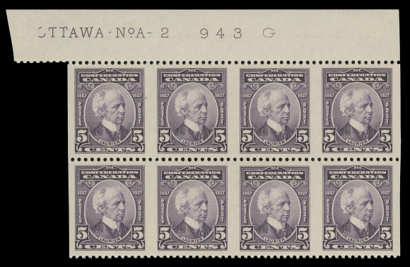 CANADA -  8 KING GEORGE V  144b,A very well centered mint block of eight imperforate vertically, showing full Plate 2 (UR pane) imprint on extended sheet margin, brilliant fresh and with full original gum; only a few part perforated plate multiples exist, VF NH