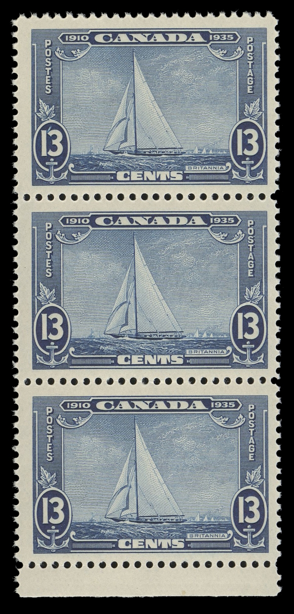 CANADA -  8 KING GEORGE V  216i,A fresh mint vertical strip of three with sheet margin at foot, the top stamp shows the elusive "Shilling Mark" variety (from Plate 1 UR pane; Position 78), nicely centered and VF NH