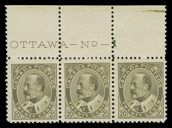CANADA -  7 KING EDWARD VII  94,A spectacular mint Plate 1 strip of three with full imprint, exceptionally fresh and quite well centered with large margins, displaying intact perforations which is hard to find on this denomination, full original gum showing a very light hinge on centre stamp, the two end stamps with pristine original gum, NEVER HINGED. A very scarce plate multiple of this key stamp, F-VF (Unitrade cat. $6,100 as three singles)