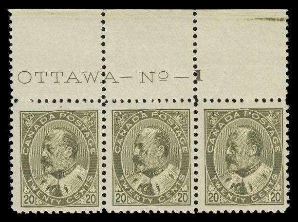 CANADA -  7 KING EDWARD VII  94,A spectacular mint Plate 1 strip of three with full imprint, exceptionally fresh and quite well centered with large margins, displaying intact perforations which is hard to find on this denomination, full original gum showing a very light hinge on centre stamp, the two end stamps with pristine original gum, NEVER HINGED. A very scarce plate multiple of this key stamp, F-VF (Unitrade cat. $6,100 as three singles)