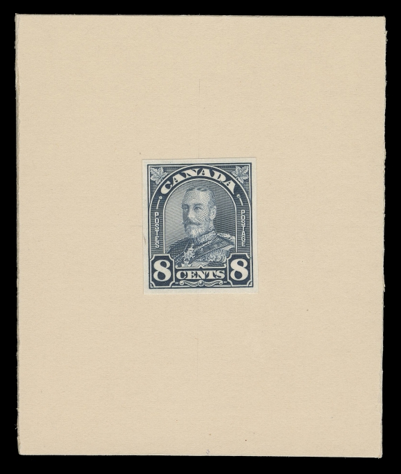 CANADA -  8 KING GEORGE V  171,British American Bank Note Die Proof printed in dark blue, issued colour, the adopted design inscribed "POSTAGE" at right, on characteristic glazed (enamel) surfaced paper, stamp size as are all known, affixed to custom BABN card 65 x 78mm. Exceptionally fresh and in immaculate condition, very rare, VF
