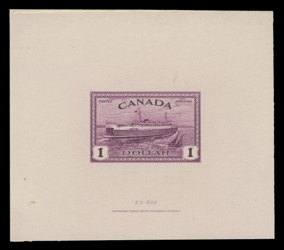 CANADA -  9 KING GEORGE VI  273,Large die proof printed in red violet, colour of issue, on india paper on card measuring 80 x 69mm, CBN archival marks on reverse. The hardened die with die number "XG-822" and CBN imprint below. A very rare and underrated proof, VF Indicative of its rarity is that the One dollar is unlisted in Minuse & Pratt handbook - only the 8c and 50c Peace series are listed. Furthermore, no die proofs of the Peace Issue were present in the 1990 American Bank Note Company archives auction.