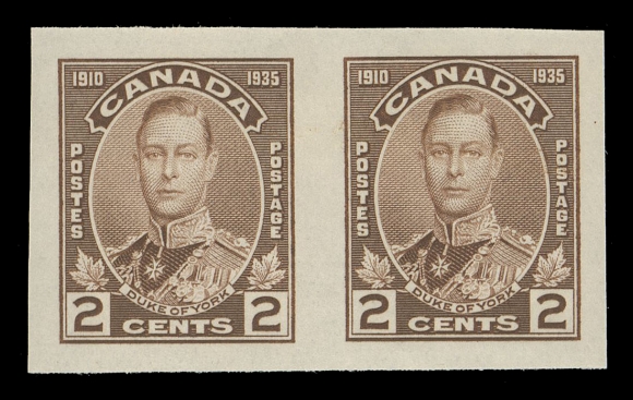 CANADA -  8 KING GEORGE V  211a-216a,The complete set of six mint imperforate pairs in horizontal format, the three and ten cent pairs with lower right corner margin, all with noticeably large margins, bright colours and full original gum; a superior set, XF NH
