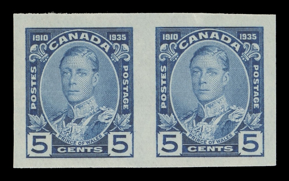 CANADA -  8 KING GEORGE V  211a-216a,The complete set of six mint imperforate pairs in horizontal format, the three and ten cent pairs with lower right corner margin, all with noticeably large margins, bright colours and full original gum; a superior set, XF NH