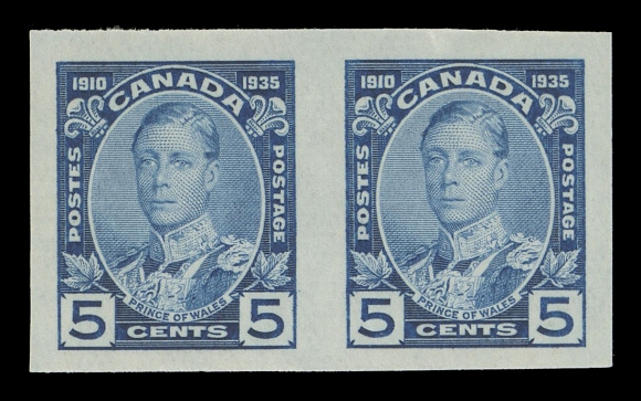 CANADA -  8 KING GEORGE V  211a-216a,The complete set of six mint imperforate pairs in horizontal format, the three and ten cent pairs with lower right corner margin, all with noticeably large margins, bright colours and full original gum; a superior set, XF NH
